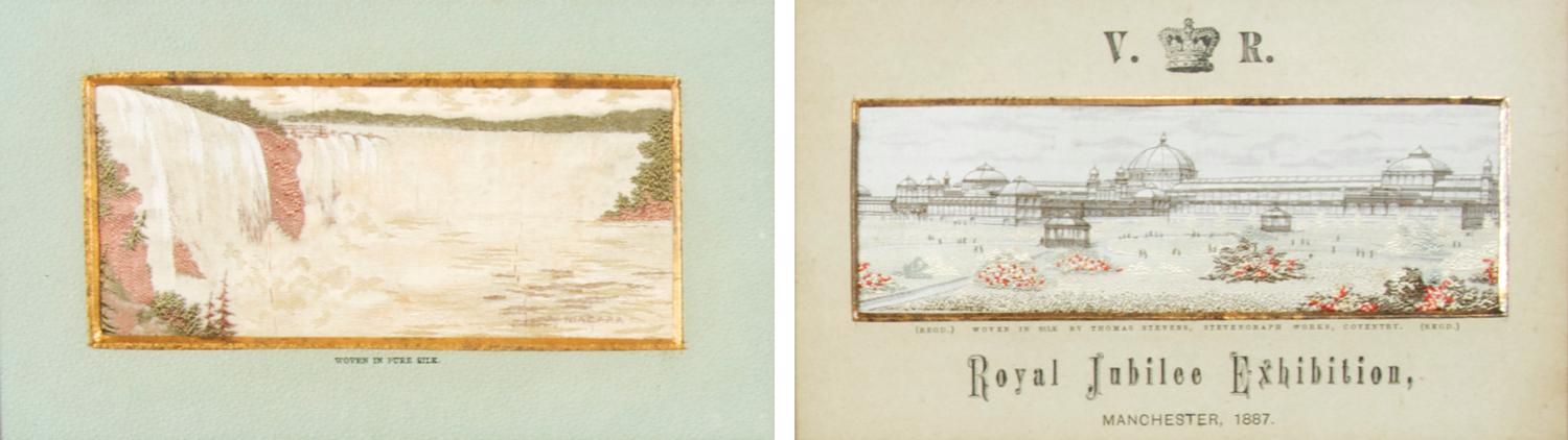 A Group of Two Woven Silk Stevengraphs of Scenic Views, Height of first 2 1/2 x width 5 inches.