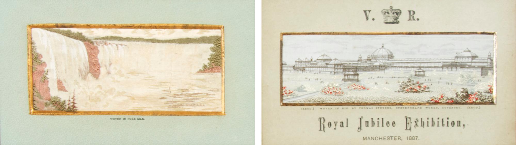A Group of Two Woven Silk Stevengraphs of Scenic Views, Height of first 2 1/2 x width 5 inches.