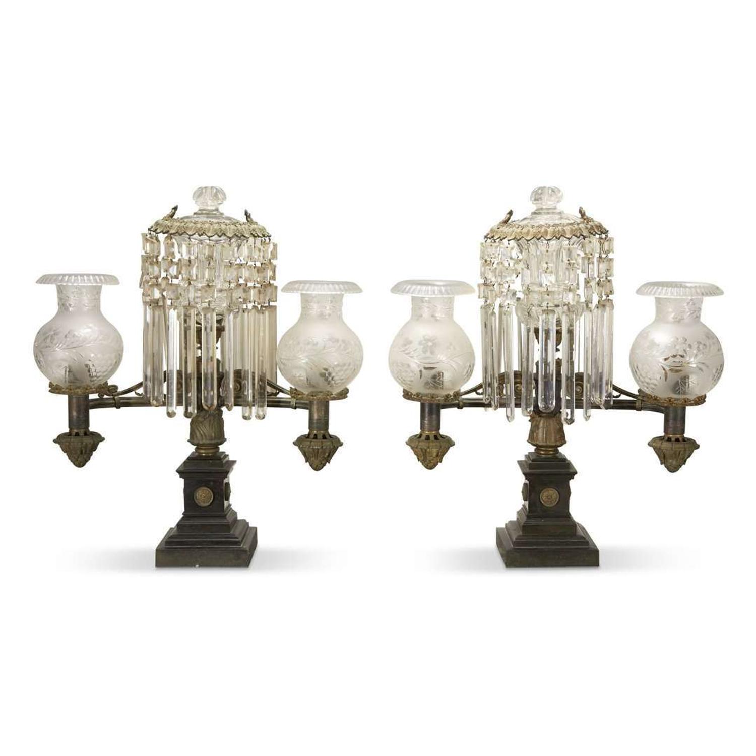 Pair of patinated and gilt-bronze double-arm Argand lamps Retailed by Baldwin Gardiner, New York, second quarter 19th century