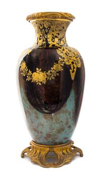 A Gilt Bronze Mounted Gilt Decorated Glass Vase Height 20 inches.