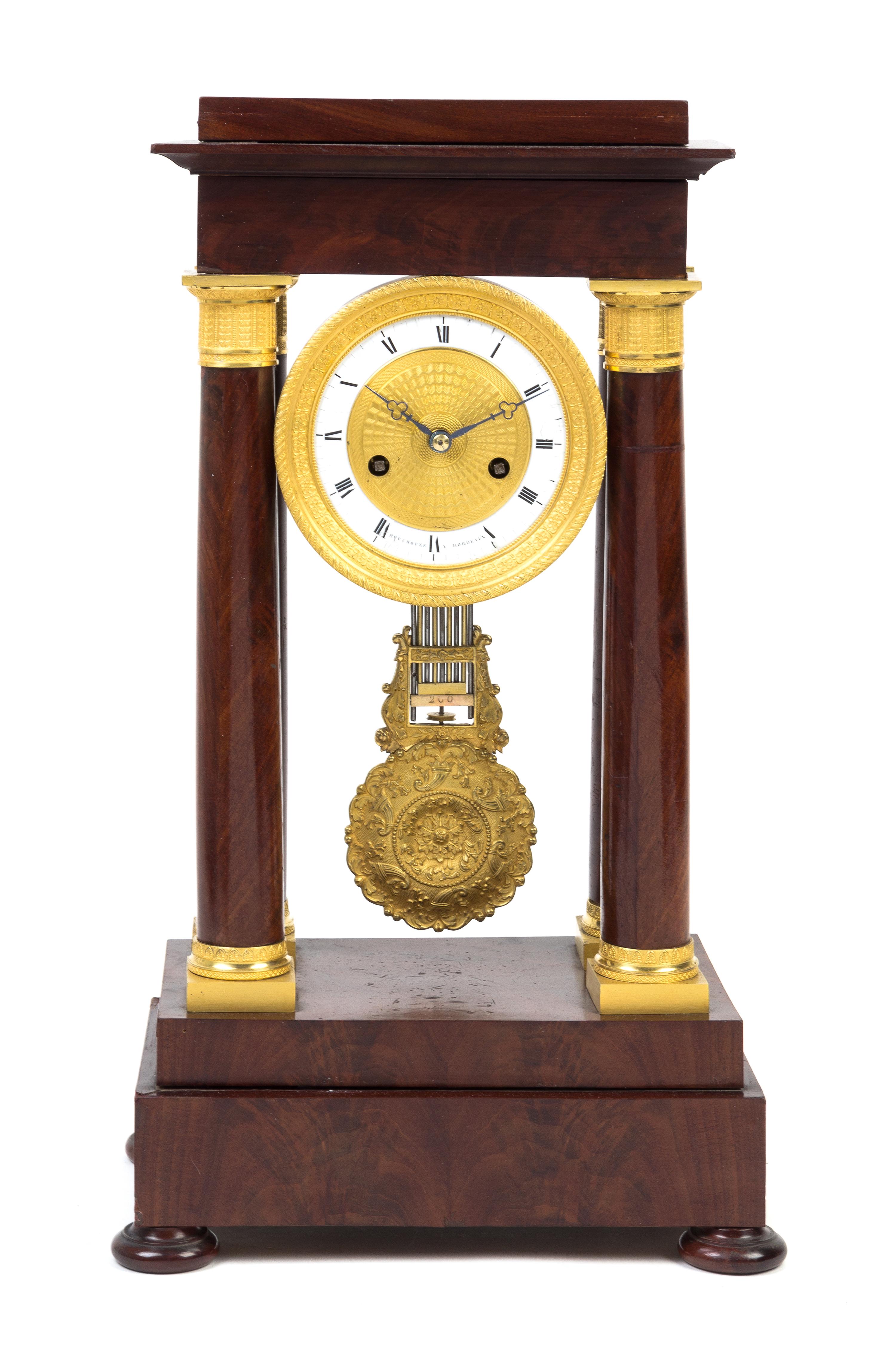An Empire Gilt Metal Mounted Mahogany Portico Clock Height 18 5/8 inches. — 19TH CENTURY