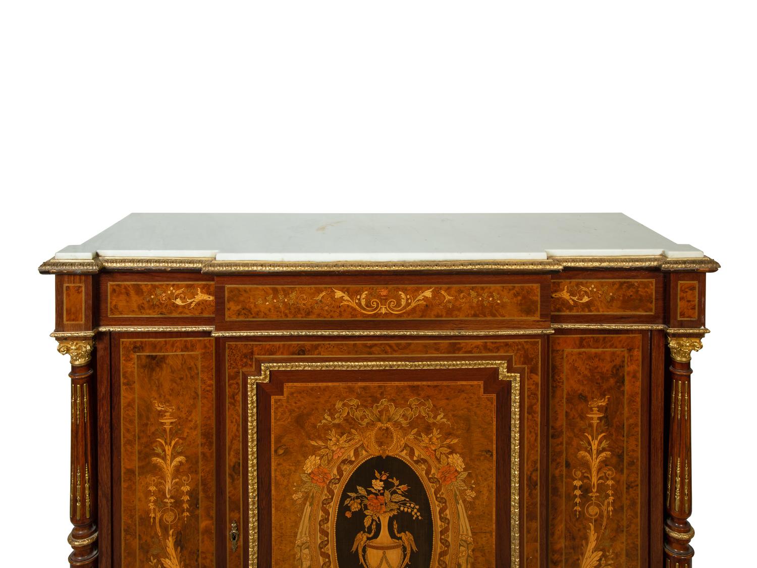 A Napoleon III Style Gilt Bronze Mounted Marquetry Marble-Top Cabinet