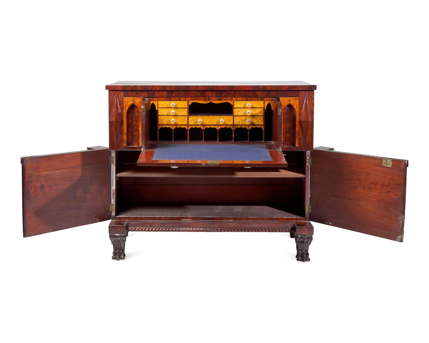 A Classical Carved, Inlaid and Veneered Mahogany Secretary Base
