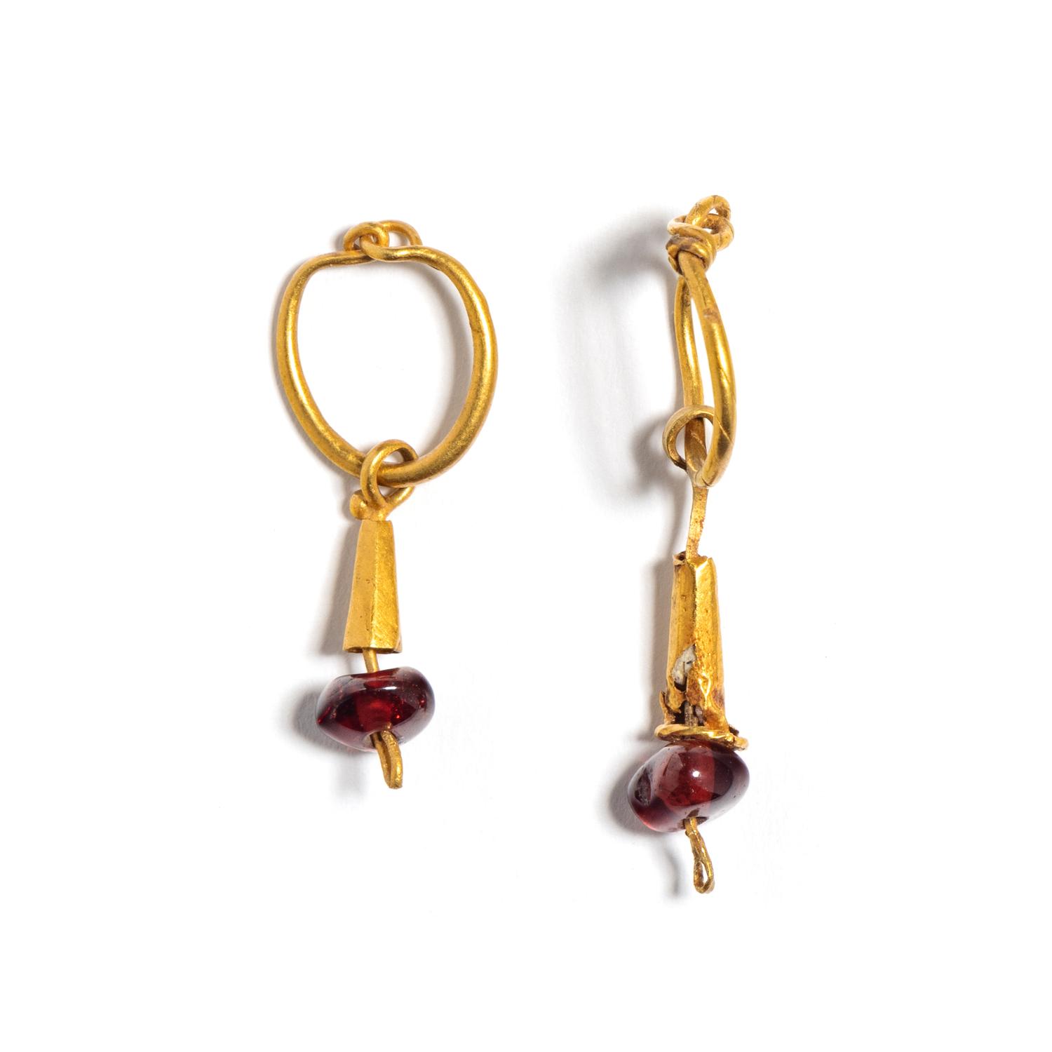 Two East Roman Gold and Garnet Hoop Earrings
