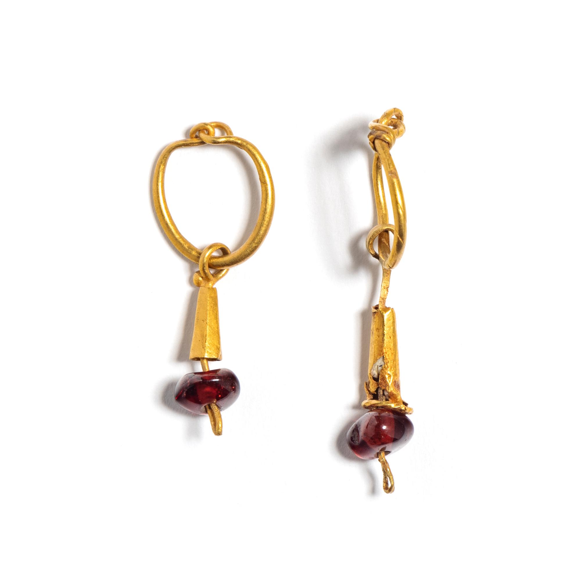 Two East Roman Gold and Garnet Hoop Earrings