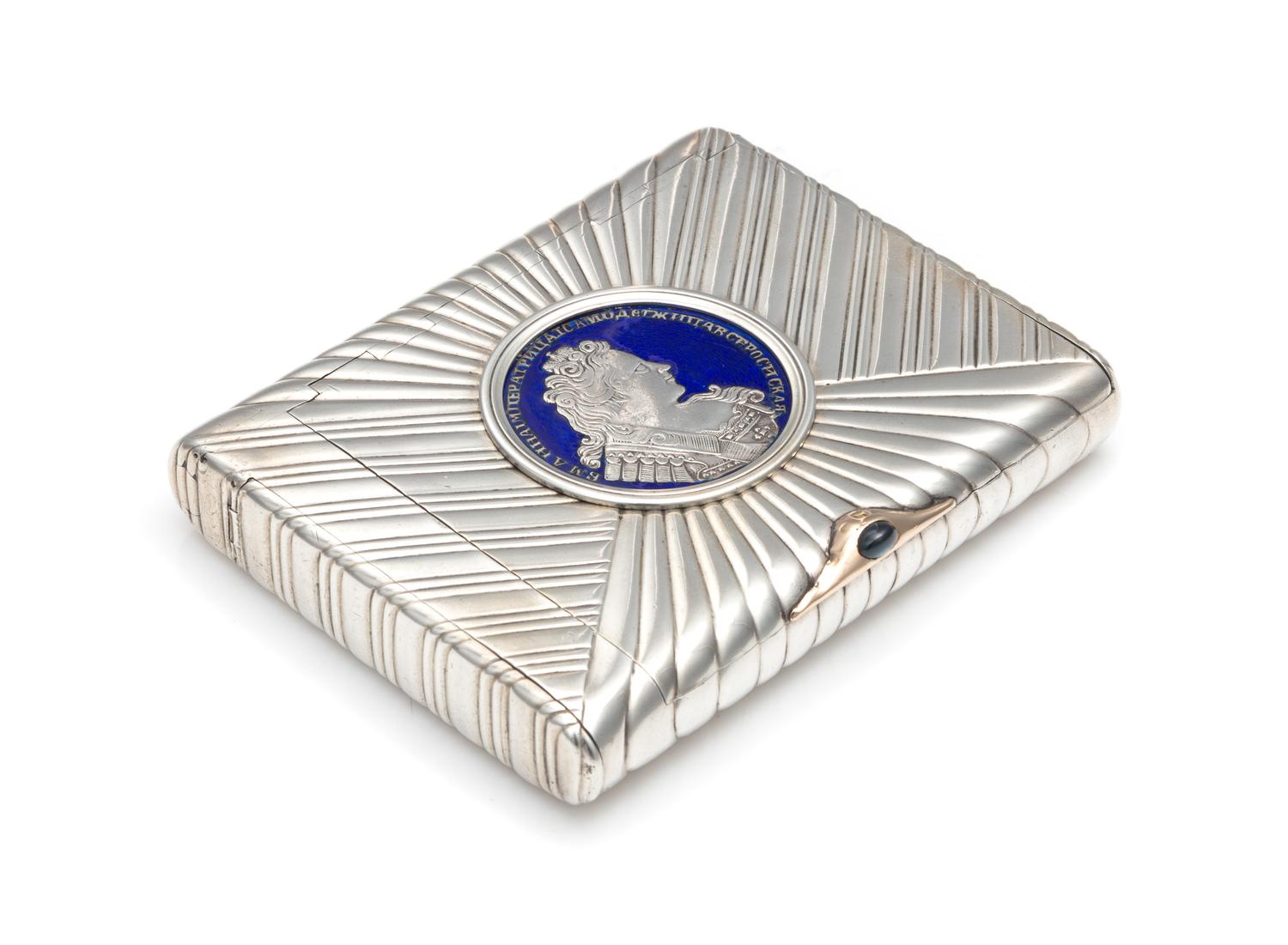 A Russian Silver, Yellow Gold and Enameled Cigarette Case, Mark of Pavel Voronov, St. Petersburg, Late 19th Century, the reeded case ha