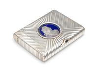 A Russian Silver, Yellow Gold and Enameled Cigarette Case, Mark of Pavel Voronov, St. Petersburg, Late 19th Century, the reeded case ha