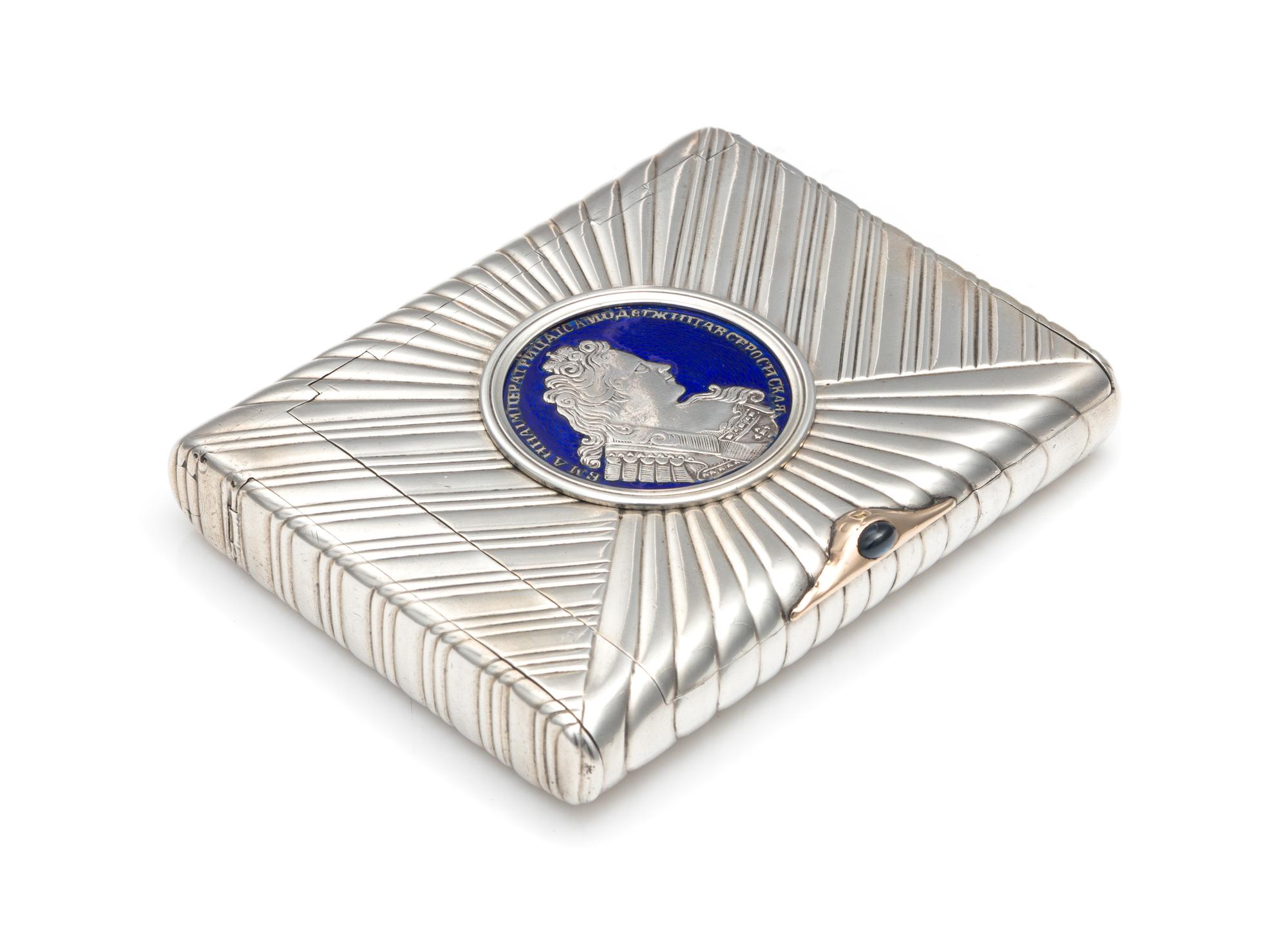 A Russian Silver, Yellow Gold and Enameled Cigarette Case, Mark of Pavel Voronov, St. Petersburg, Late 19th Century, the reeded case ha