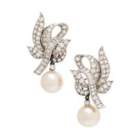 Diamond, Cultured Pearl, and Platinum Earrings