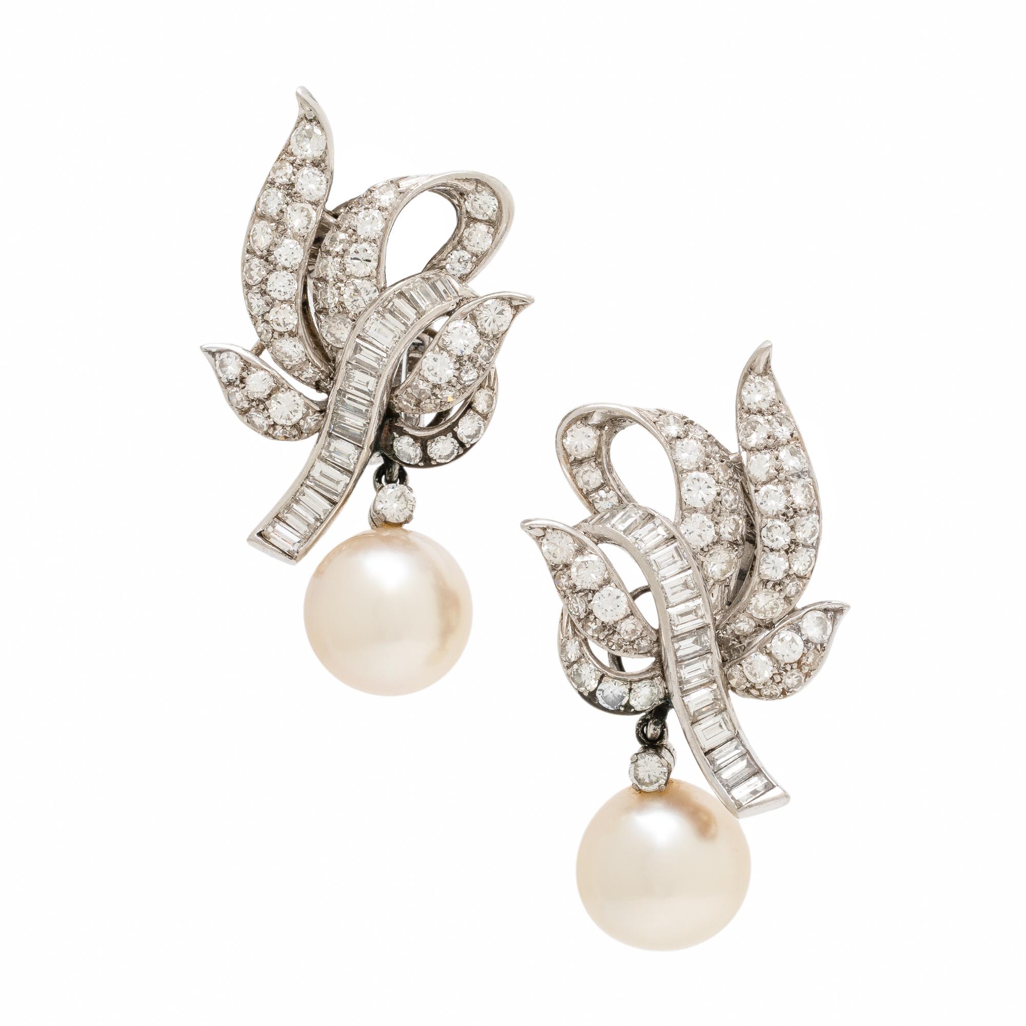 Diamond, Cultured Pearl, and Platinum Earrings