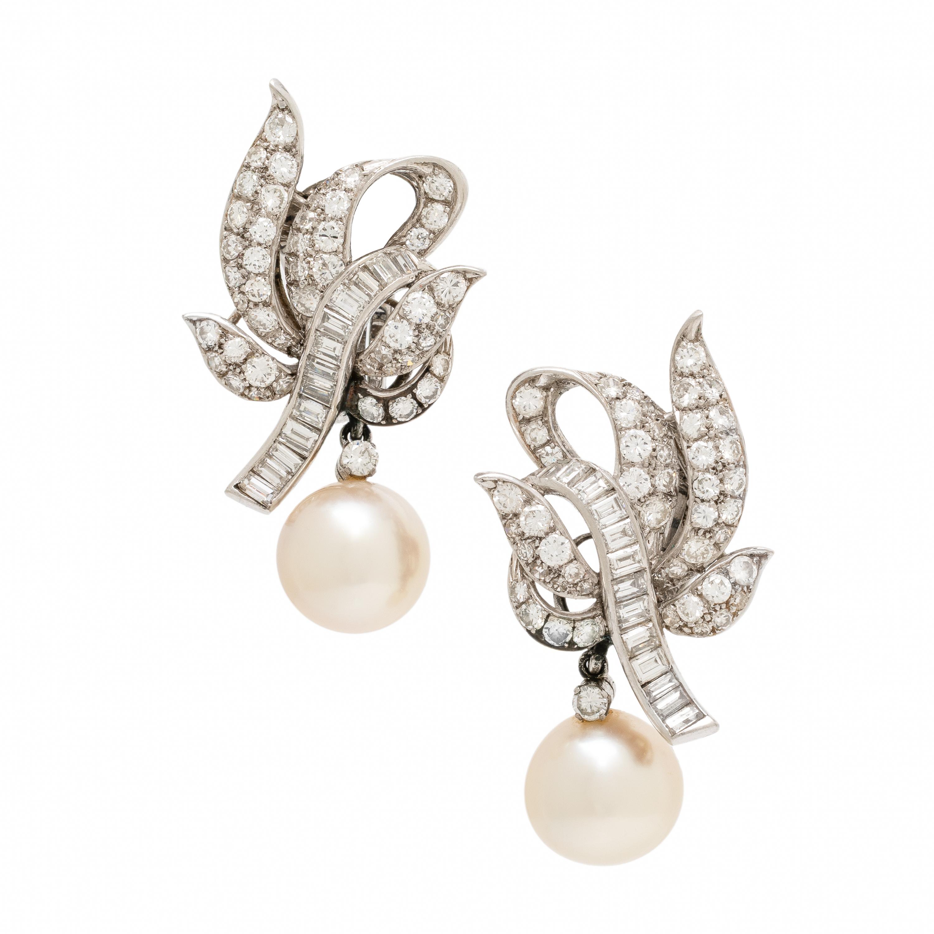Diamond, Cultured Pearl, and Platinum Earrings