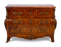 A Regence Style Gilt Bronze Mounted Marquetry Walnut Rouge Marble Top Commode en Tombeau — 19TH CENTURY