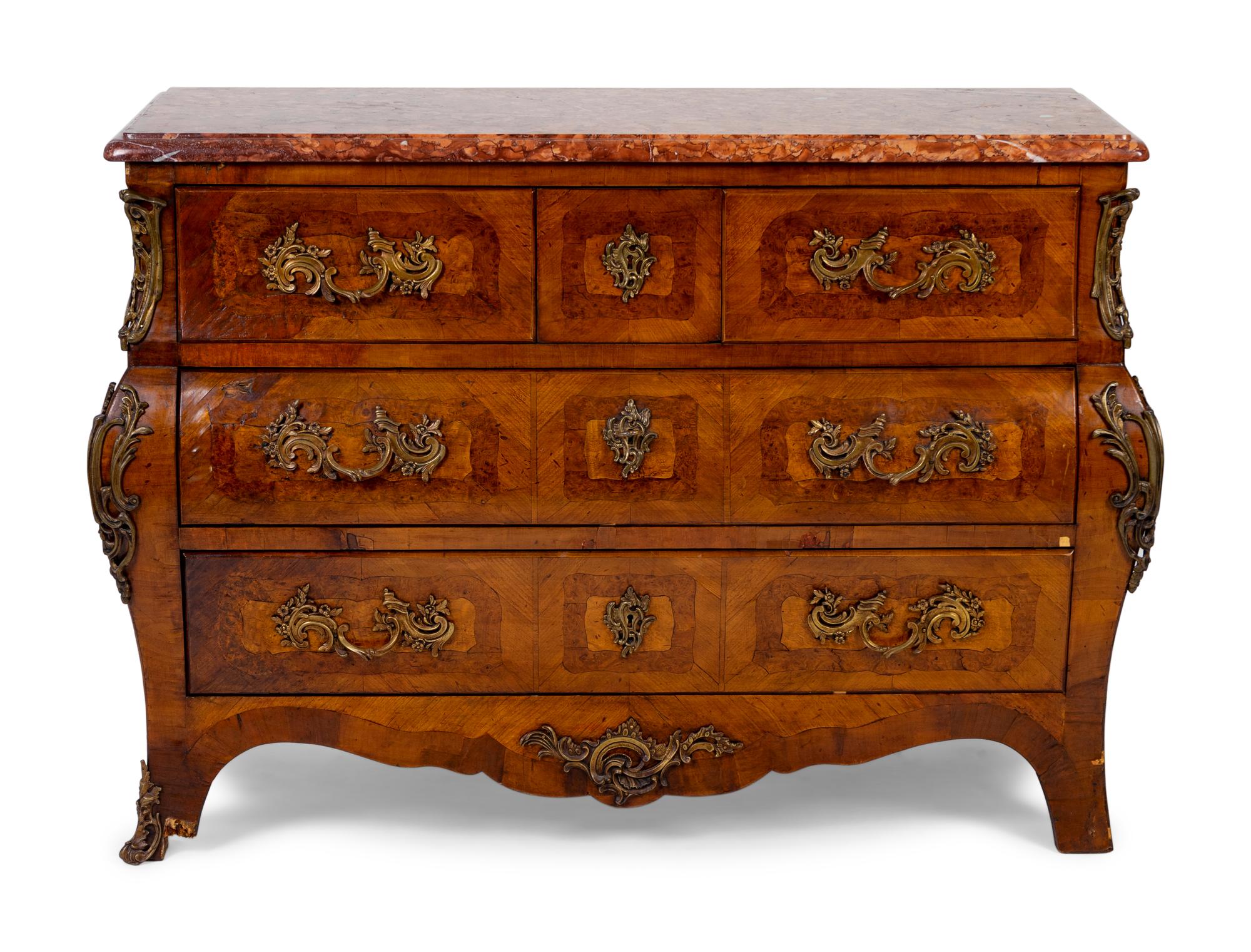 A Regence Style Gilt Bronze Mounted Marquetry Walnut Rouge Marble Top Commode en Tombeau — 19TH CENTURY