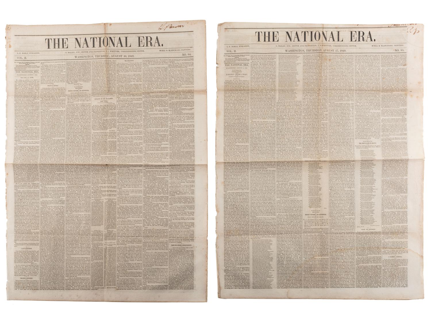 [SLAVERY & ABOLITION]. A group of 4 issues of the anti-slavery paper, The National Era . Washington, DC: American and Foreign Anti-Slavery Society, 1848.