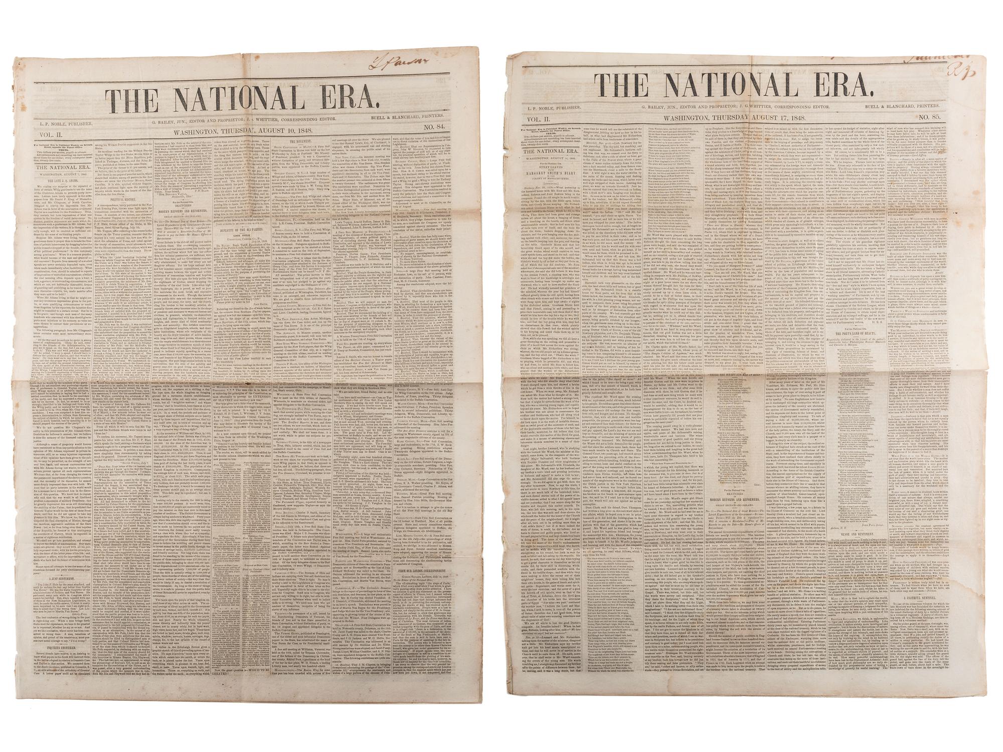 [SLAVERY & ABOLITION]. A group of 4 issues of the anti-slavery paper, The National Era . Washington, DC: American and Foreign Anti-Slavery Society, 1848.