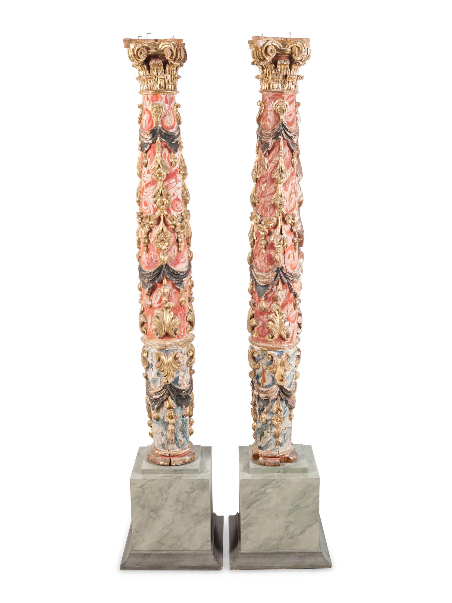 A Pair of Spanish Painted and Parcel Gilt Solomonic Columns