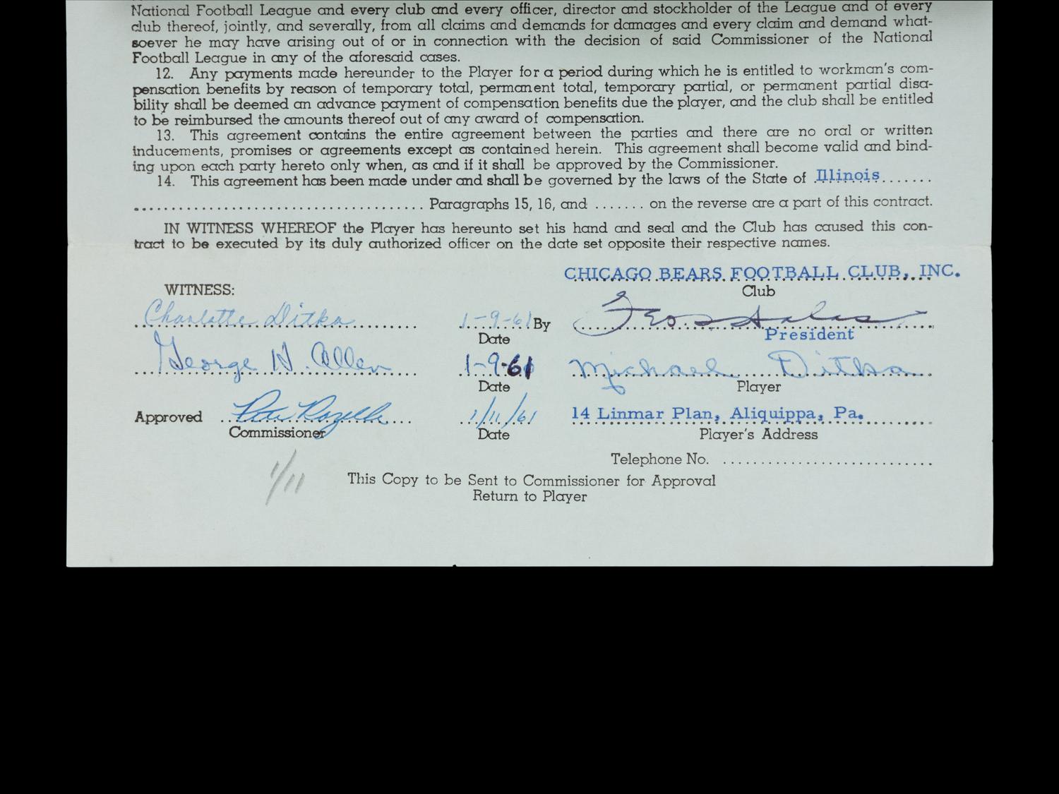 Mike Ditka's 1961 Chicago Bears Rookie NFL Player Contract Signed by Ditka, George Halas and Pete Rozelle