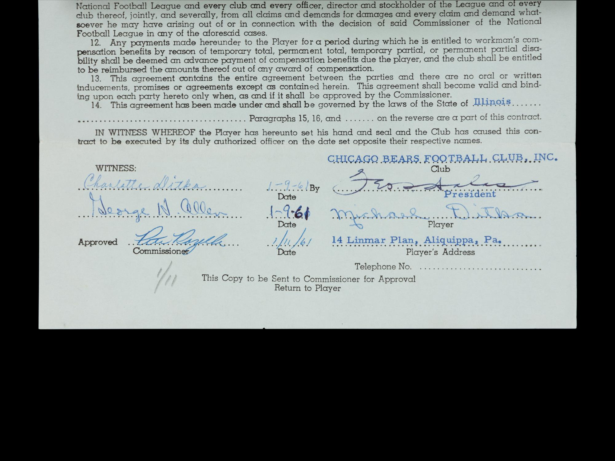 Mike Ditka's 1961 Chicago Bears Rookie NFL Player Contract Signed by Ditka, George Halas and Pete Rozelle