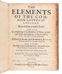 BACON, Francis, Sir (1561-1626). The Elements of the Common Lawes of England . London: Printed by R. Young for the assigns of John More, 1639.