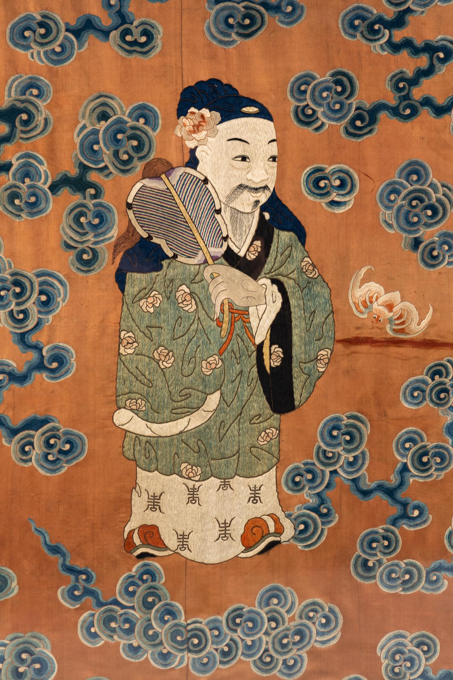 A Pair of Large Chinese Ochre Ground Embroidered Silk 'Immortal' Panels, 18th-19th Century 清中期 杏子地福壽圖大褂屏一對