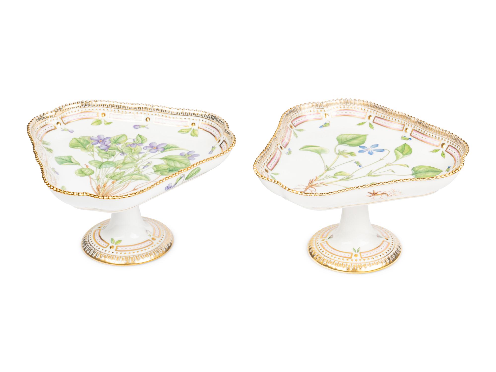 A Pair of Royal Copenhagen Flora Danica Porcelain Triangular Compotes and a Triangular Salad Bowl
