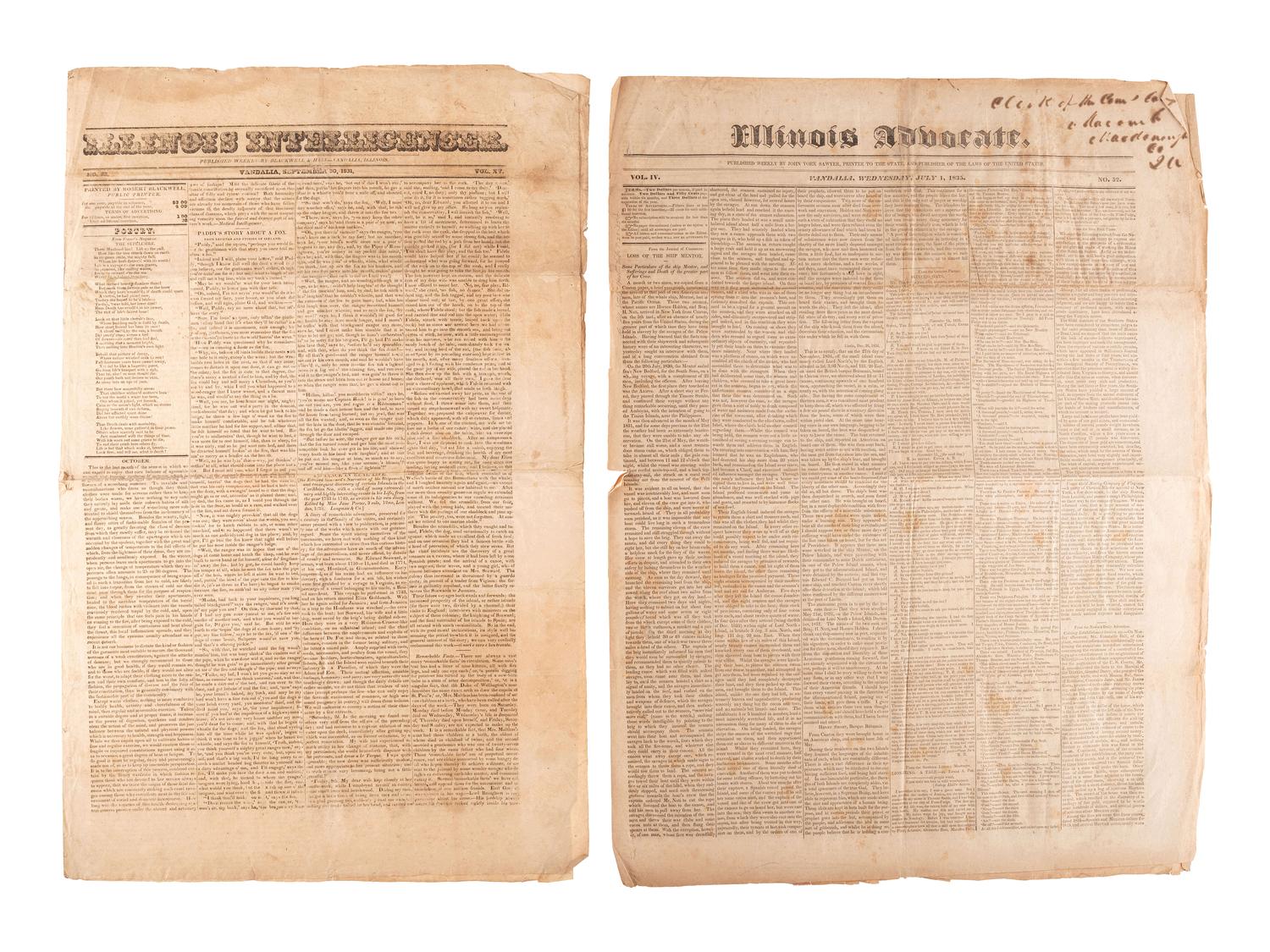 [NEWSPAPERS] -- [ILLINOIS & OHIO]. A group of 7 newspapers reporting on land dealings, politics, notices for runaways, and other matters of the 1820s-1830s, including: