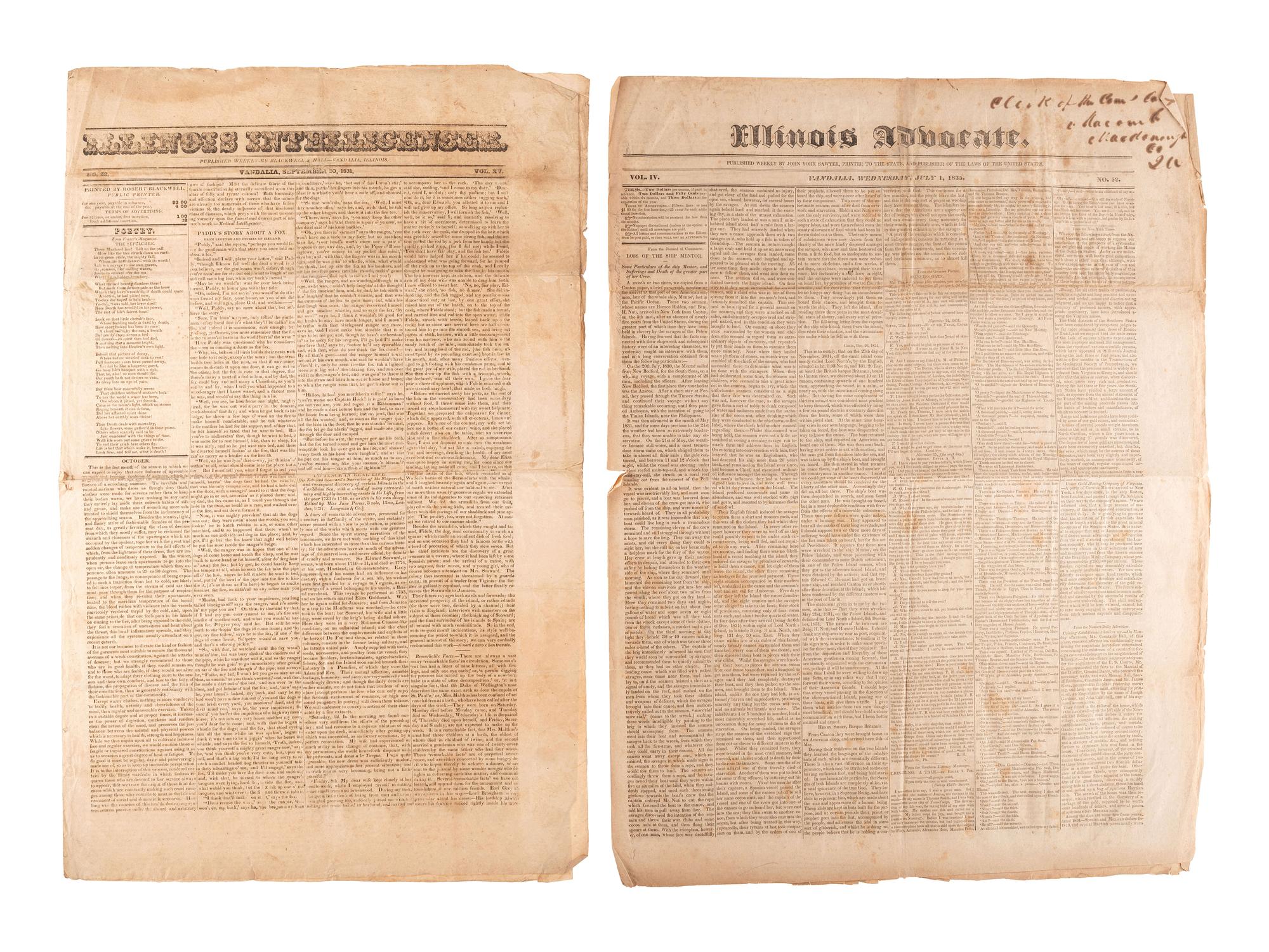 [NEWSPAPERS] -- [ILLINOIS & OHIO]. A group of 7 newspapers reporting on land dealings, politics, notices for runaways, and other matters of the 1820s-1830s, including: