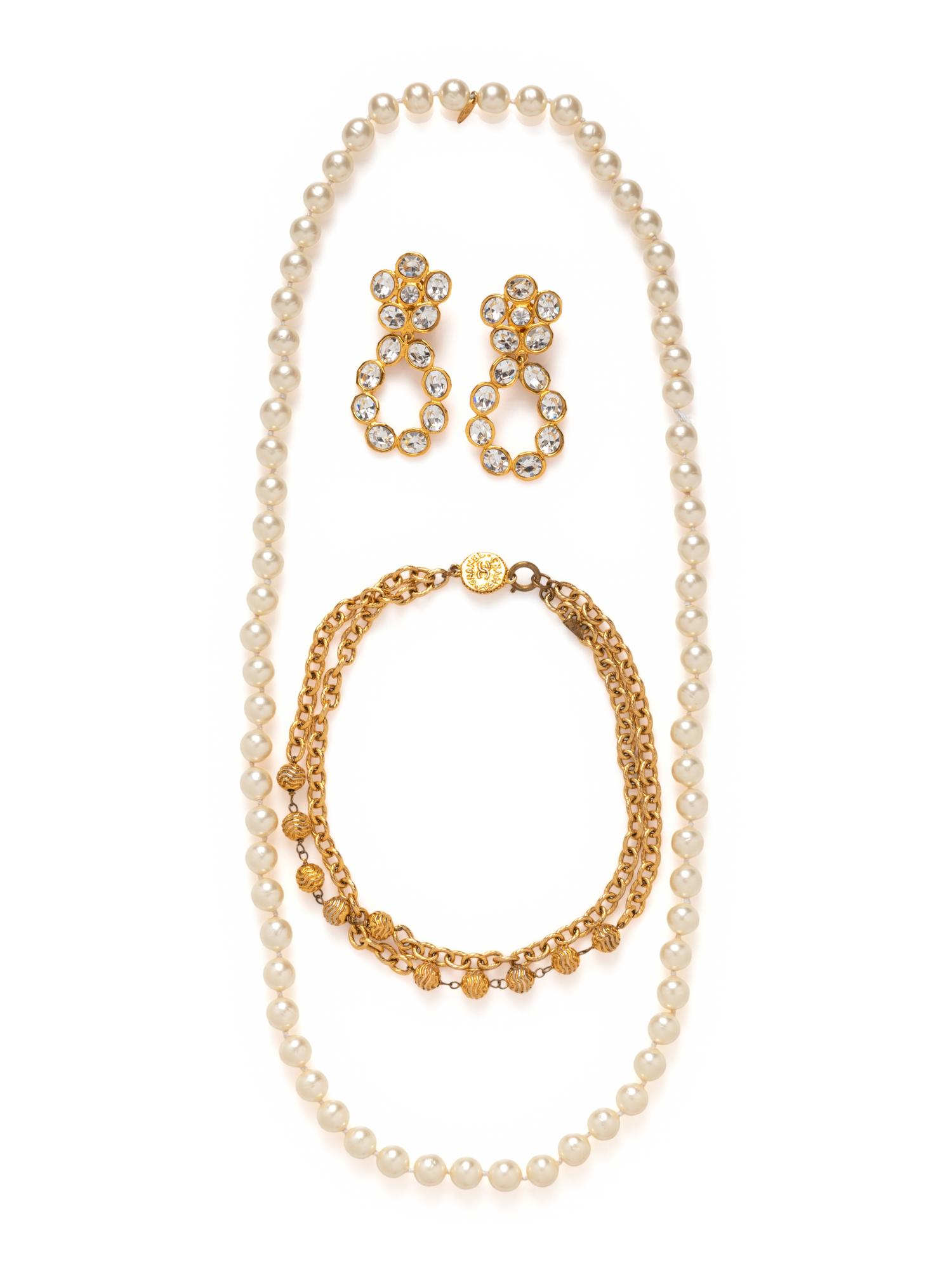 Chanel Costume Jewelry: Two Necklaces and Pair of Earrings, 1980-90s