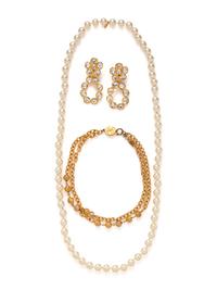Chanel Costume Jewelry: Two Necklaces and Pair of Earrings, 1980-90s