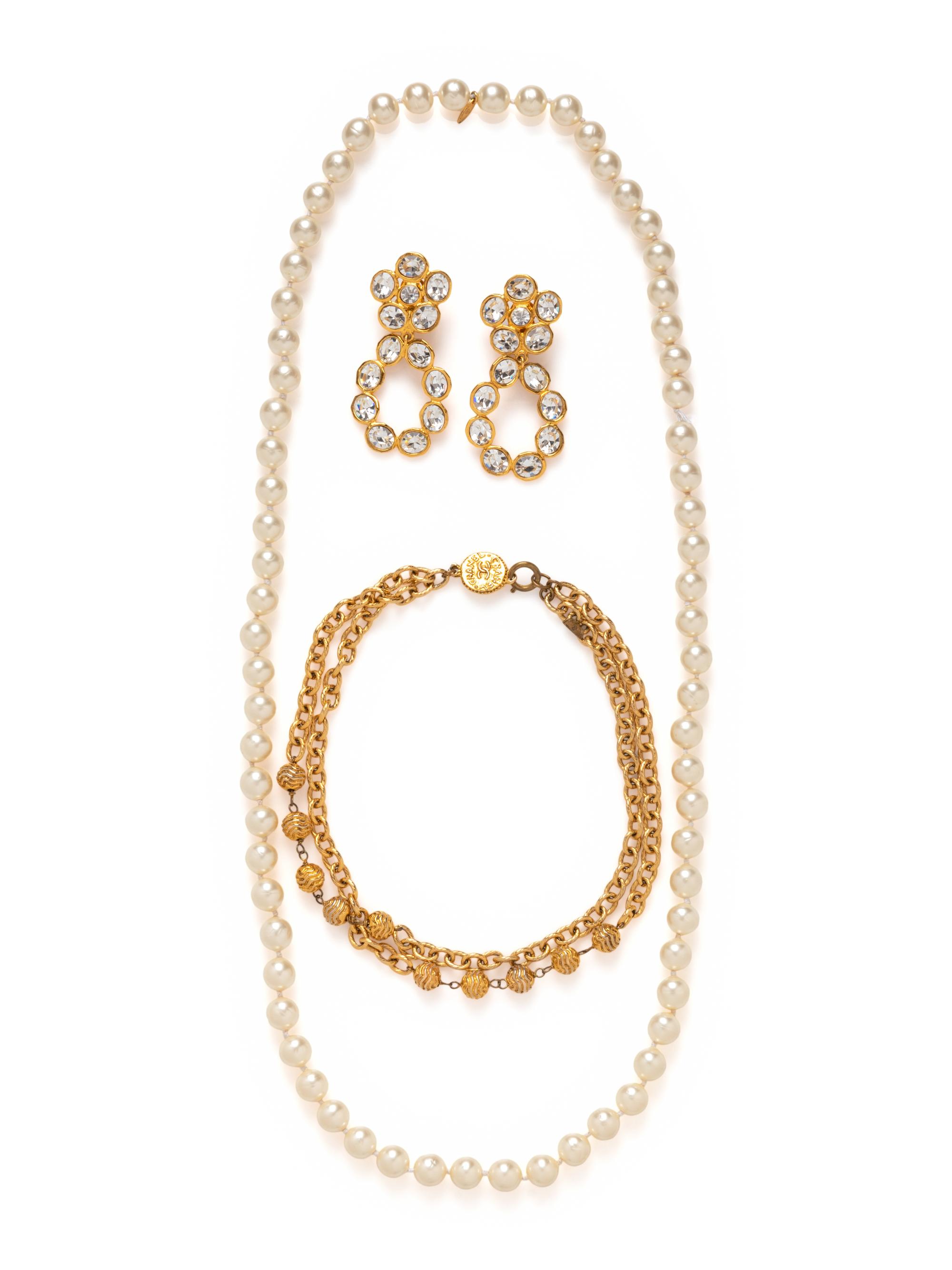 Chanel Costume Jewelry: Two Necklaces and Pair of Earrings, 1980-90s