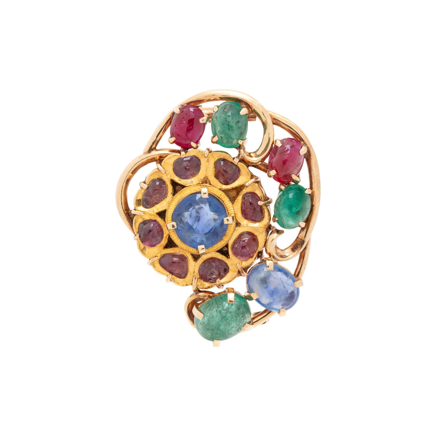 SEAMAN SCHEPPS, YELLOW GOLD AND MULTIGEM BROOCH