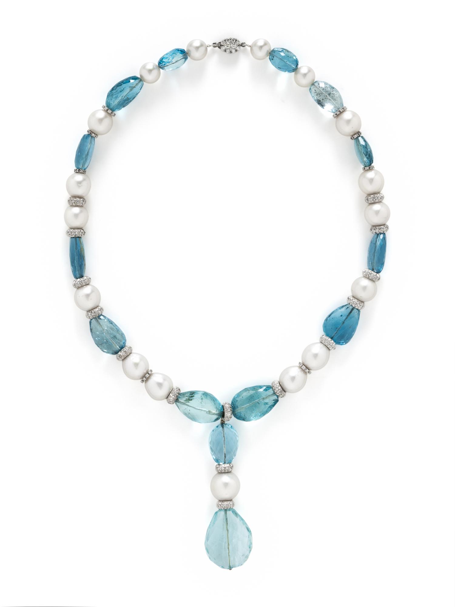 JABEL, AQUAMARINE, CULTURED PEARL, AND DIAMOND NECKLACE