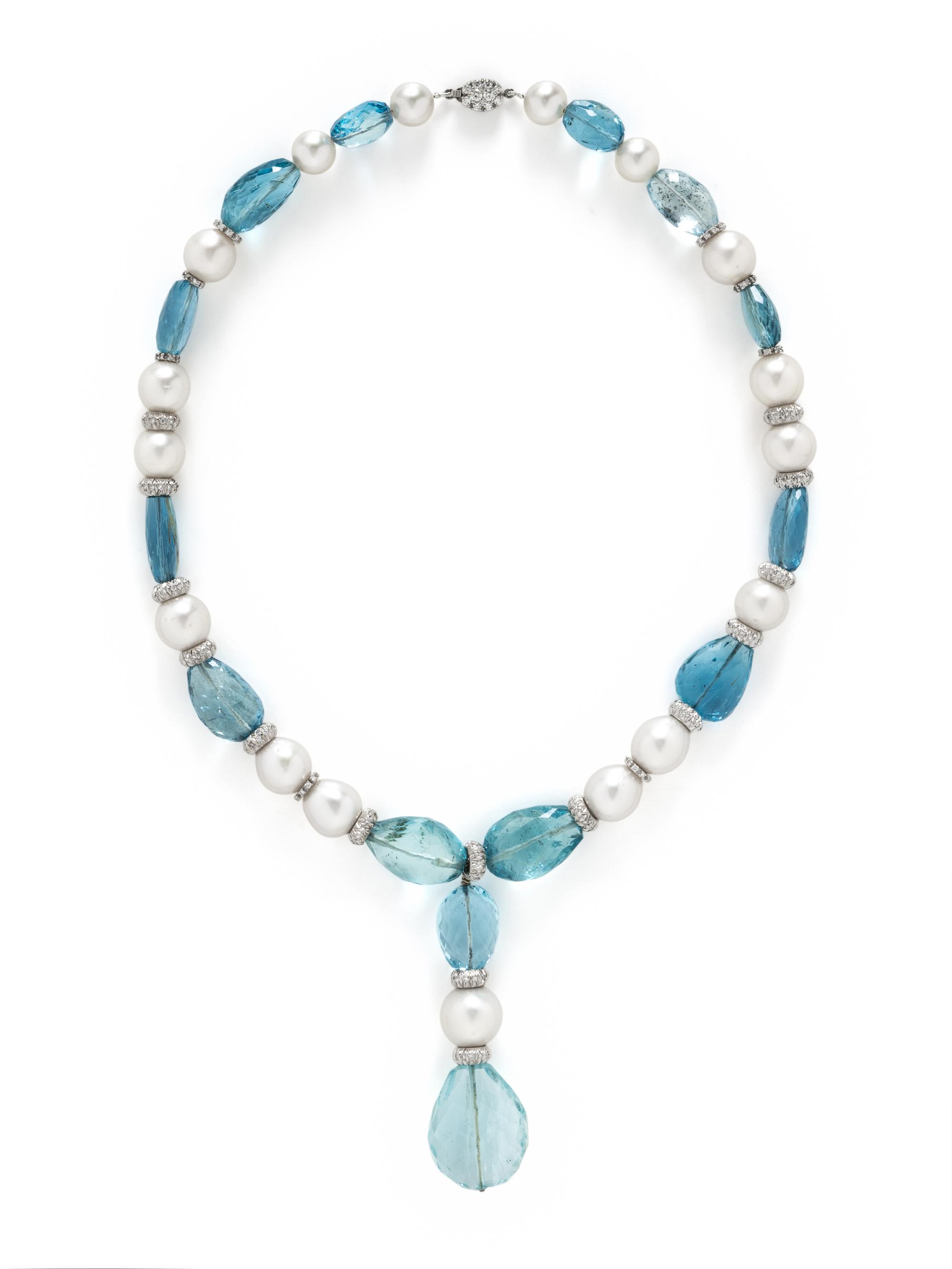 JABEL, AQUAMARINE, CULTURED PEARL, AND DIAMOND NECKLACE