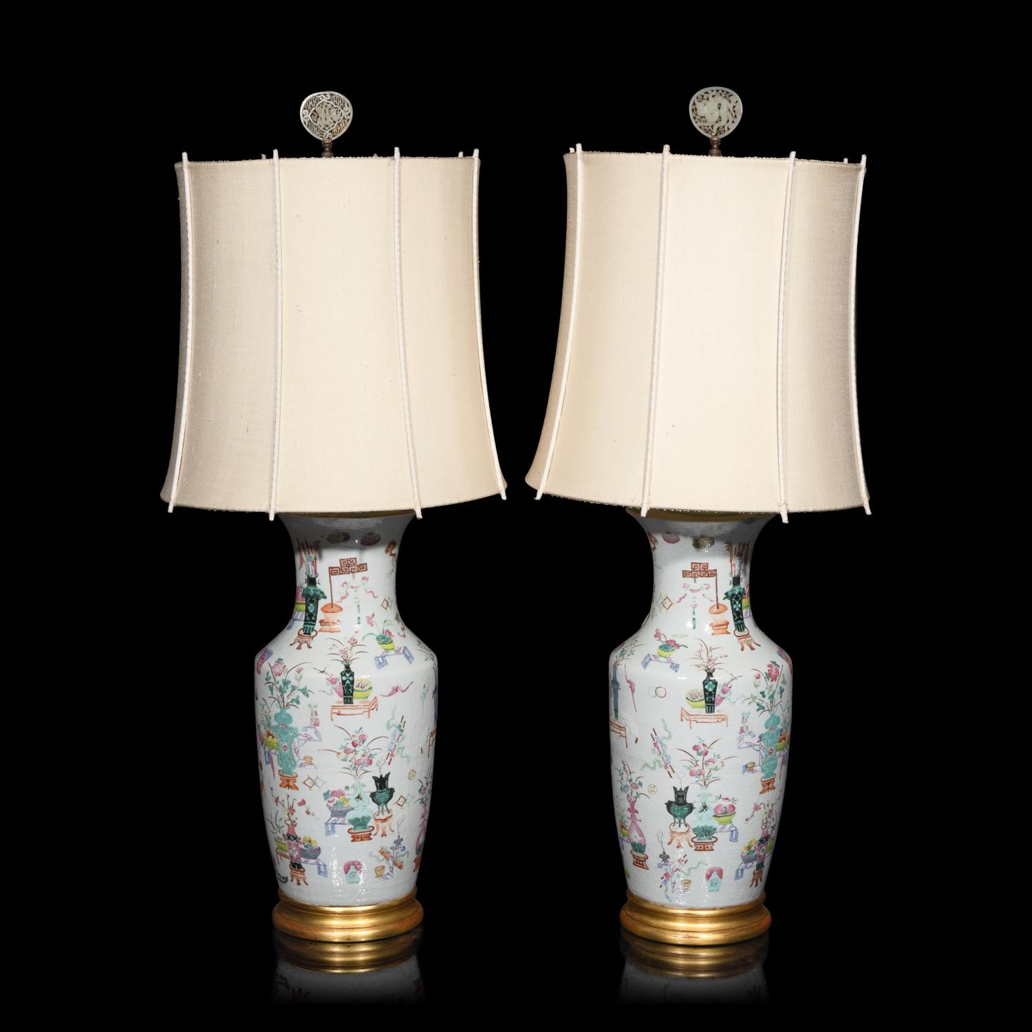 A Pair of Chinese Famille Rose Porcelain 'Hundred Antiques' Vases, 19th Century 清晚期 粉彩貼塑博古圖賞瓶一對
