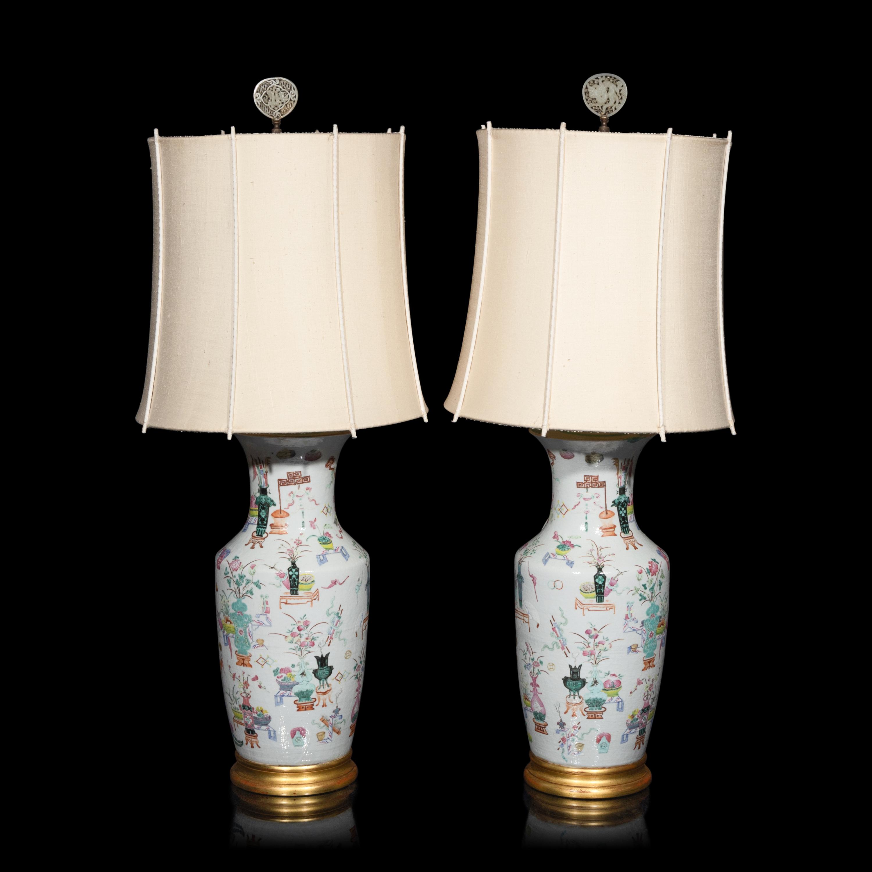 A Pair of Chinese Famille Rose Porcelain 'Hundred Antiques' Vases, 19th Century 清晚期 粉彩貼塑博古圖賞瓶一對