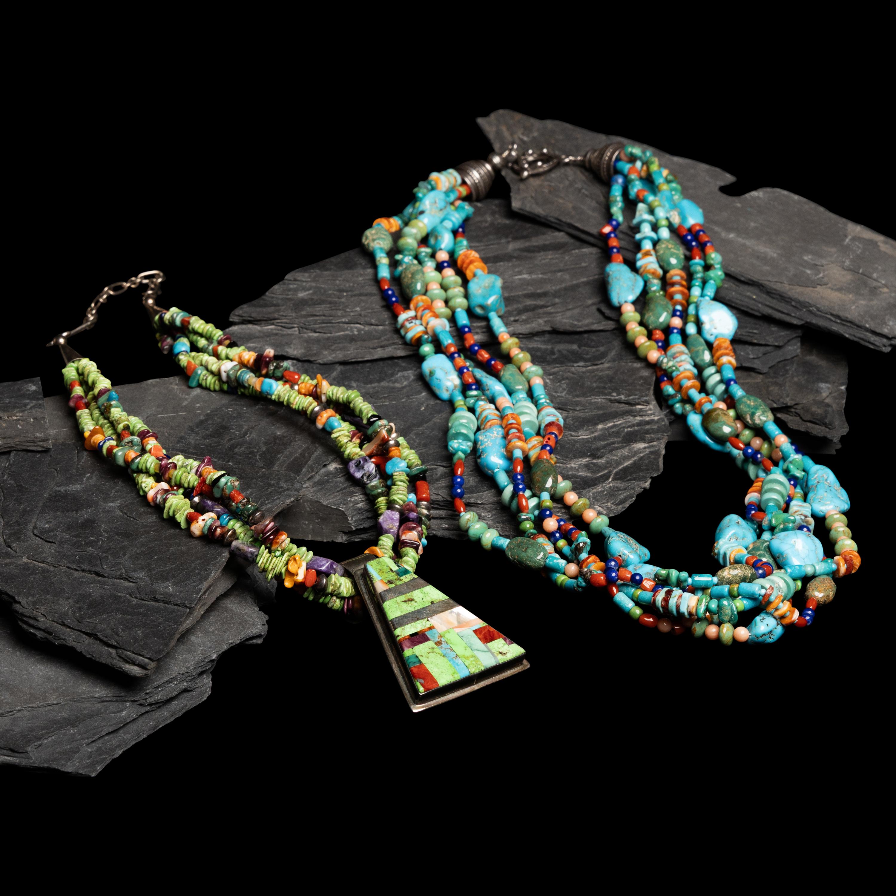 Daniel Coriz (Kewa, 20th/21st century) — Four-strand Necklace, with Sterling Silver Mosaic Inlay Pendant, PLUS