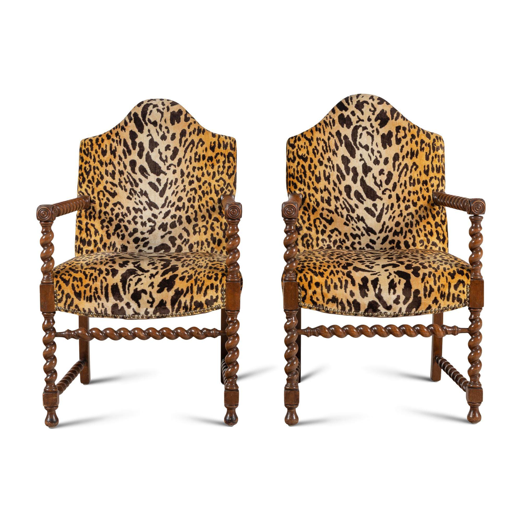 A Pair of English Turned Walnut Armchairs with Cheetah Velvet Upholstery