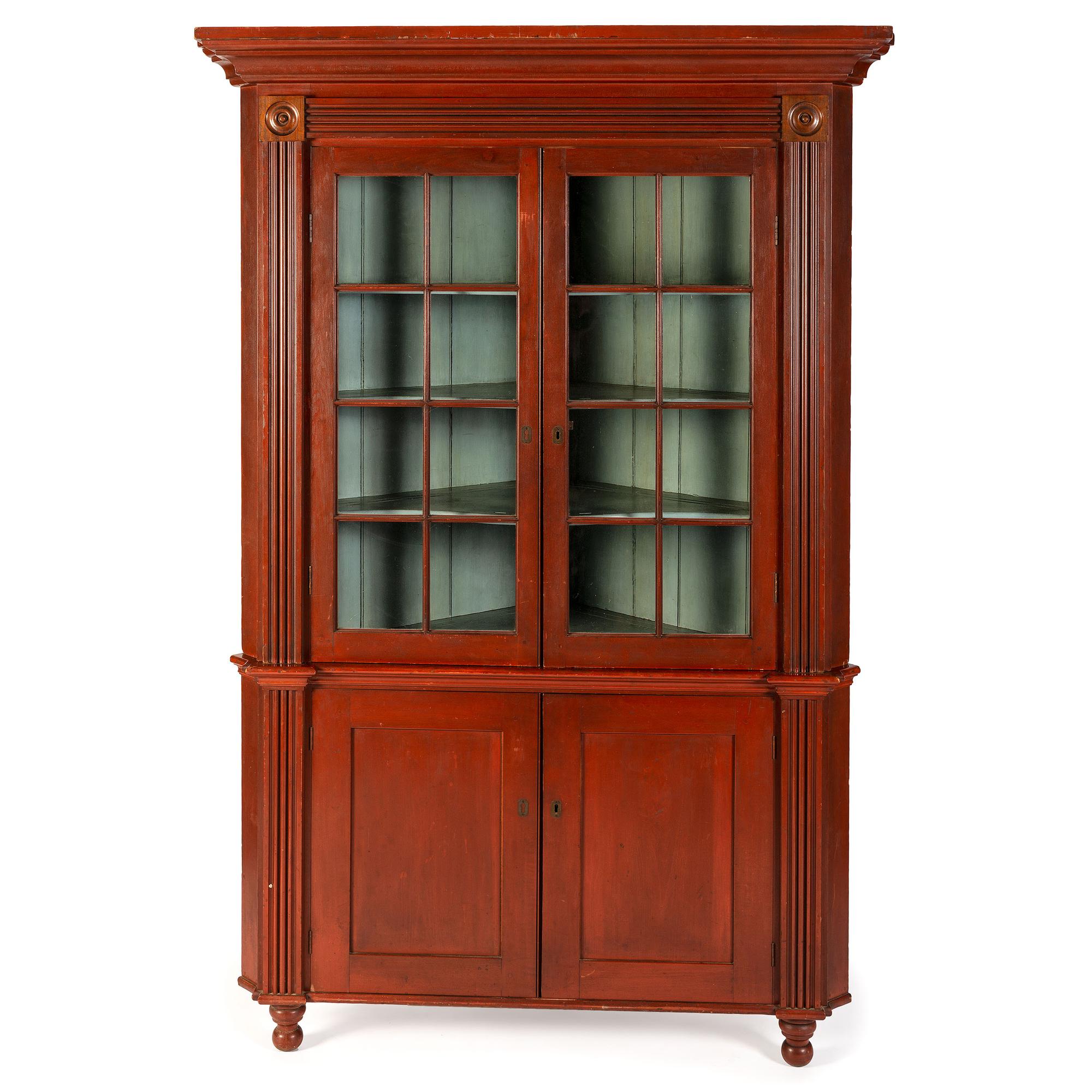 A Federal Red Painted Walnut Corner Cupboard