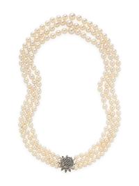 TRIPLE STRAND CULTURED PEARL AND DIAMOND NECKLACE