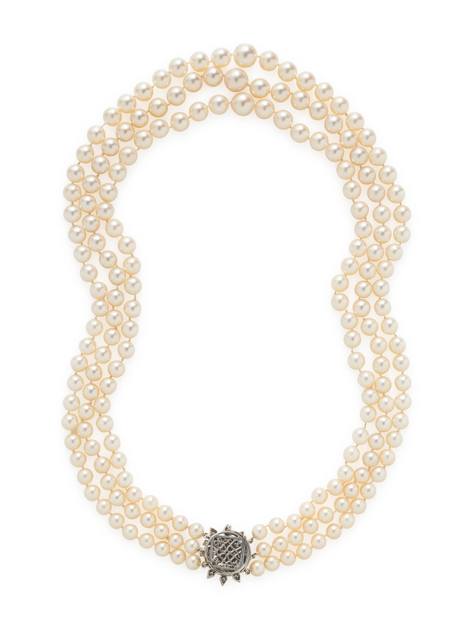 TRIPLE STRAND CULTURED PEARL AND DIAMOND NECKLACE