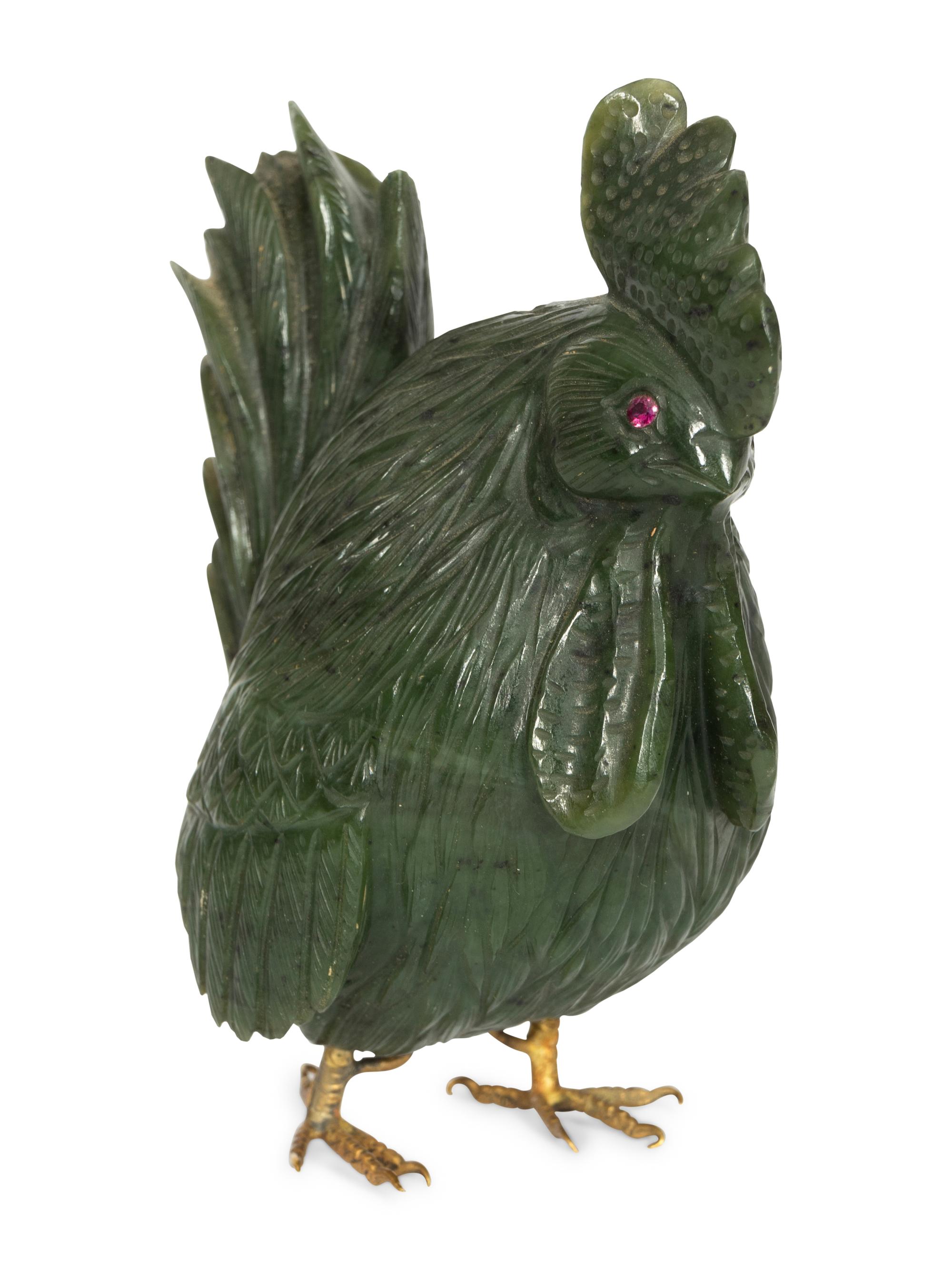 A Carved Spinach Jade and Jewel-Mounted Model of a Rooster