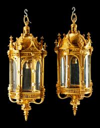 A Pair of Gothic Style Gilt-Bronze Lanterns