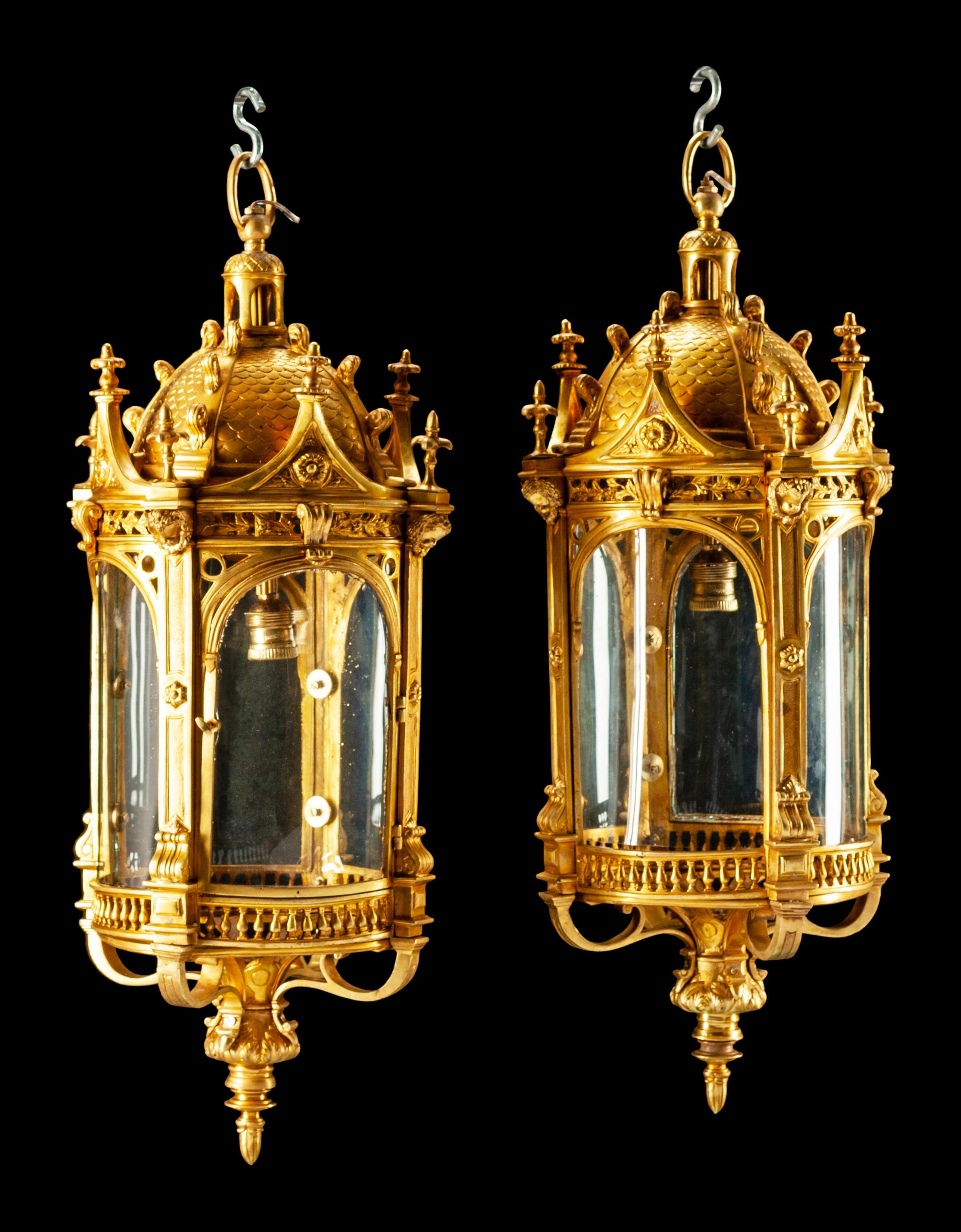 A Pair of Gothic Style Gilt-Bronze Lanterns