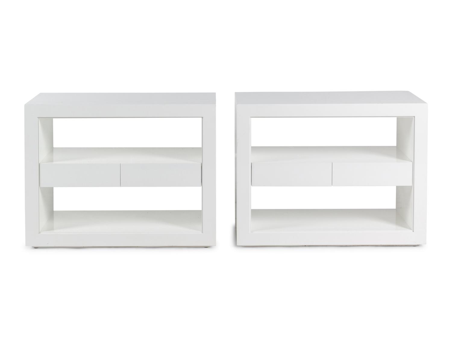 A Pair of Contemporary White Lacquer Finished Two-Tier Side Tables