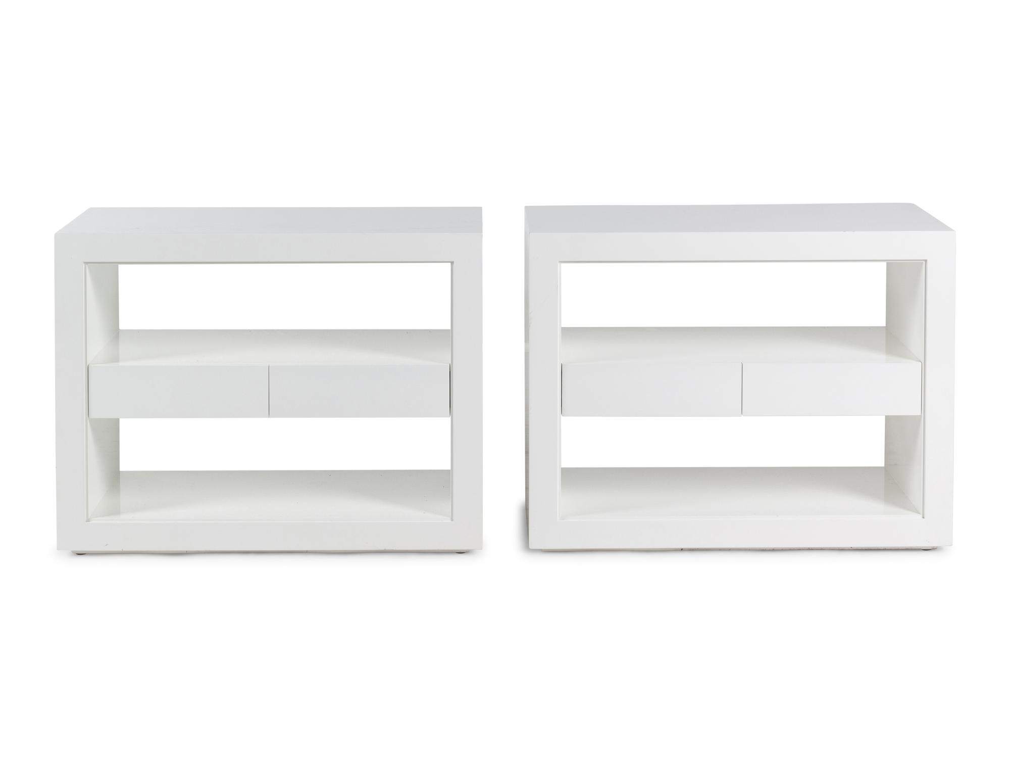 A Pair of Contemporary White Lacquer Finished Two-Tier Side Tables