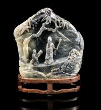 A Large Black and White Jade Boulder Height 8 1/4 inches. — 20TH CENTURY