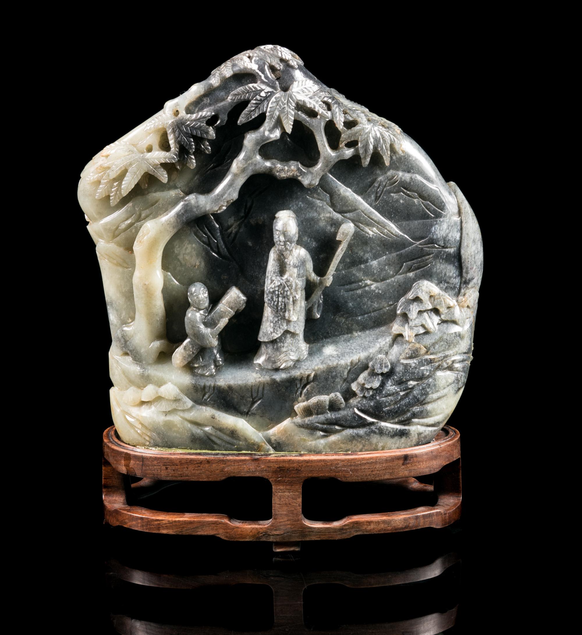 A Large Black and White Jade Boulder Height 8 1/4 inches. — 20TH CENTURY