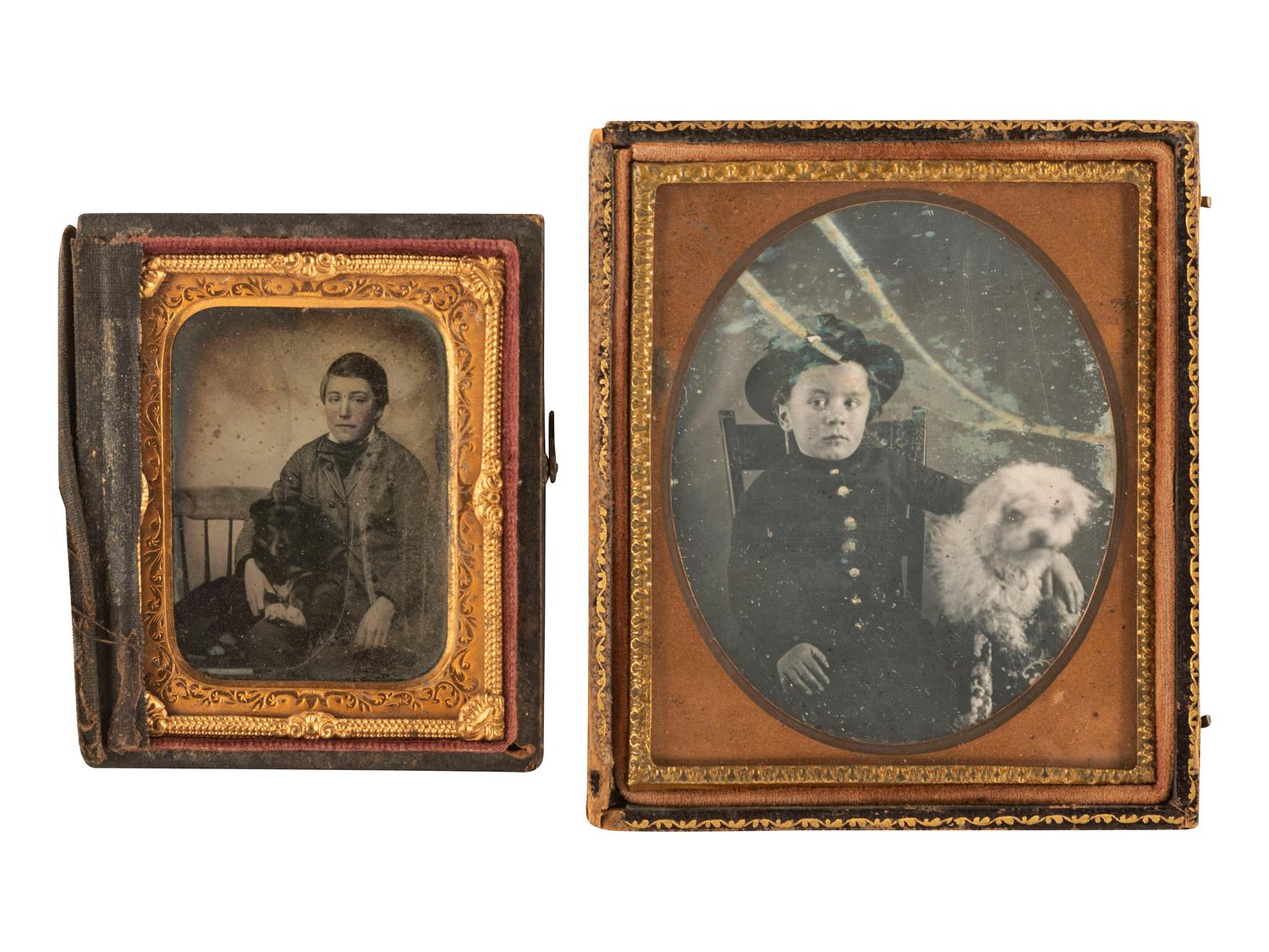 [EARLY PHOTOGRAPHY]. A group of 3 cased images of people posed with dogs, highlighted by sixth plate daguerreotype of a man with his dog "Jack."
