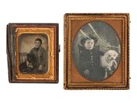 [EARLY PHOTOGRAPHY]. A group of 3 cased images of people posed with dogs, highlighted by sixth plate daguerreotype of a man with his dog "Jack."