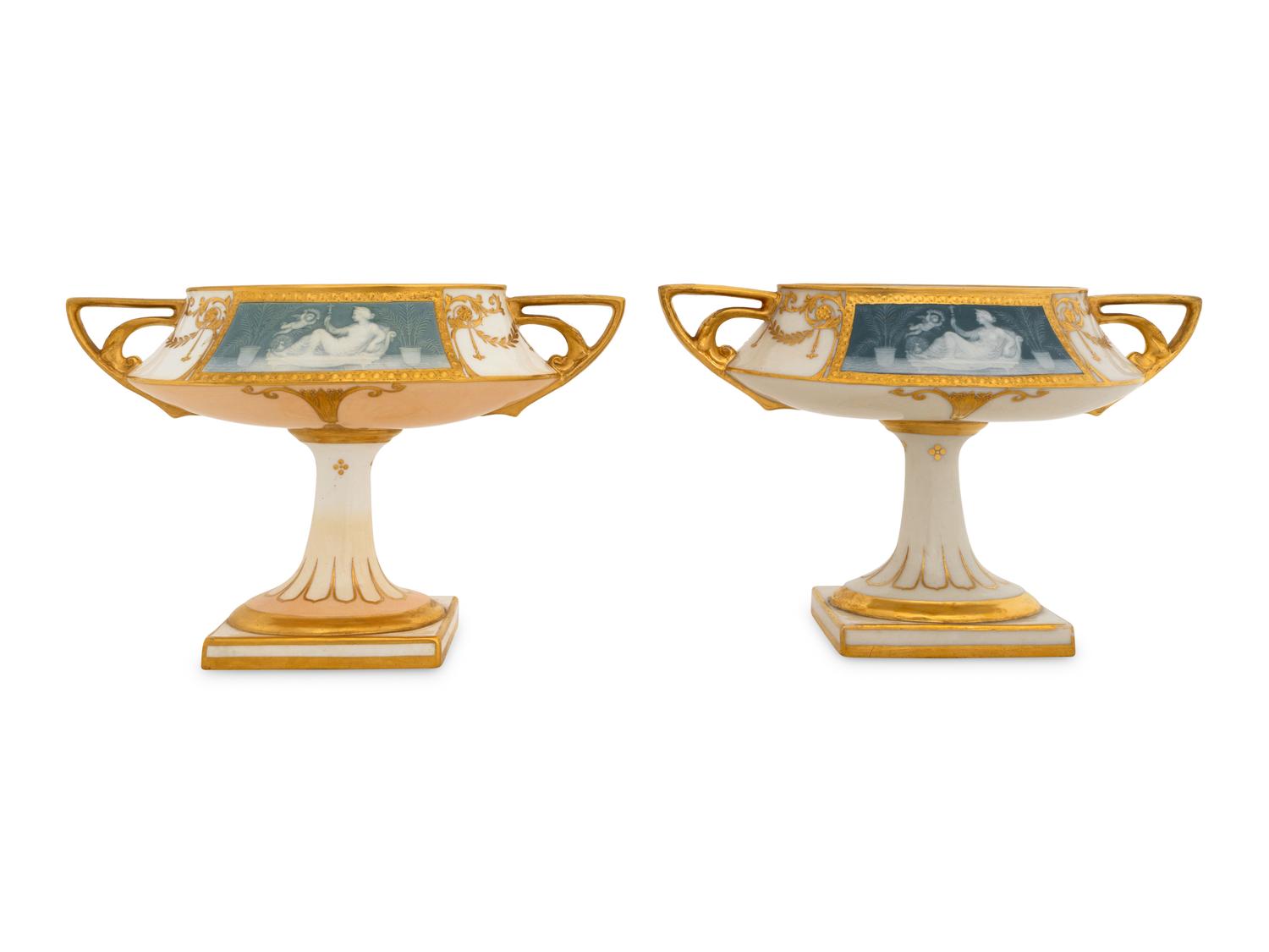 A Pair of Mintons Pâte-sur-Pâte Ivory and Slate Blue Oval Tazze